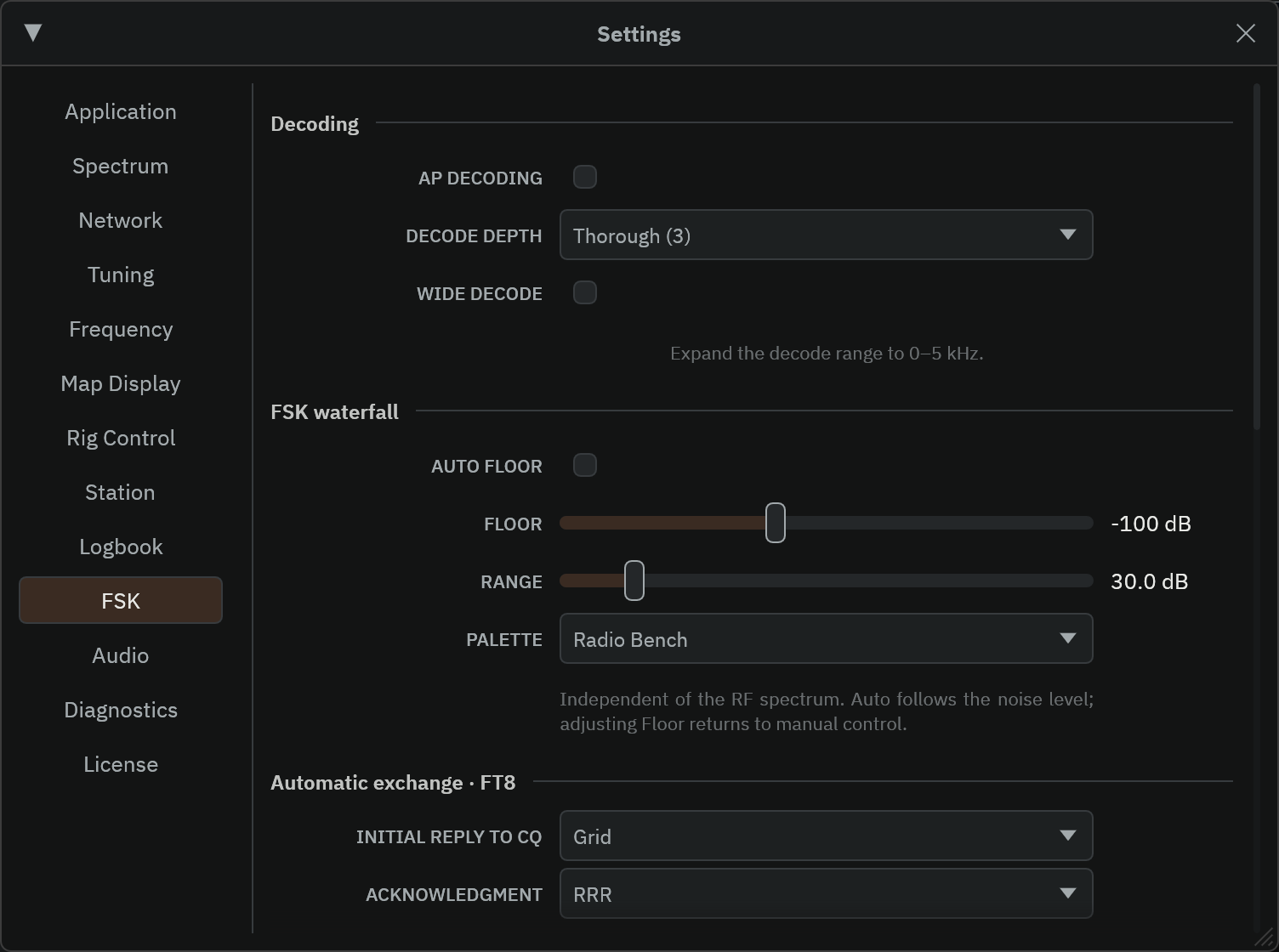 FSK settings with decoding, waterfall and automatic exchange controls.