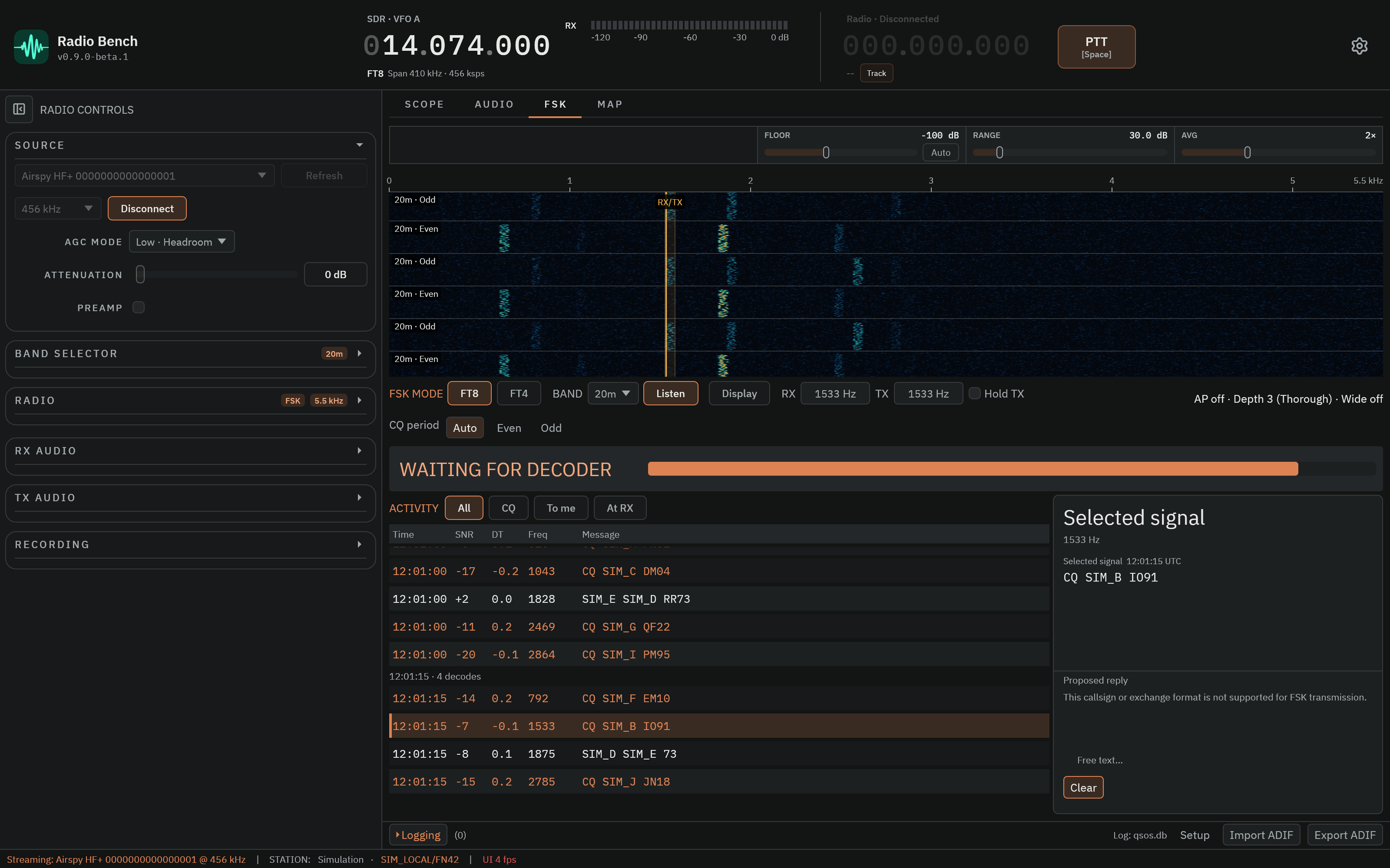 FSK workspace with simulated activity and a selected signal.