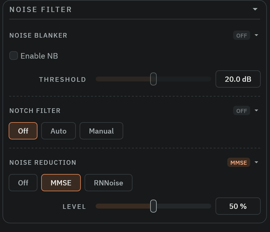 The NOISE FILTER section of the Radio Bench control column, showing the noise blanker, the notch filter, and the Off, MMSE, and RNNoise noise-reduction chips with MMSE selected and its LEVEL at 50 percent.