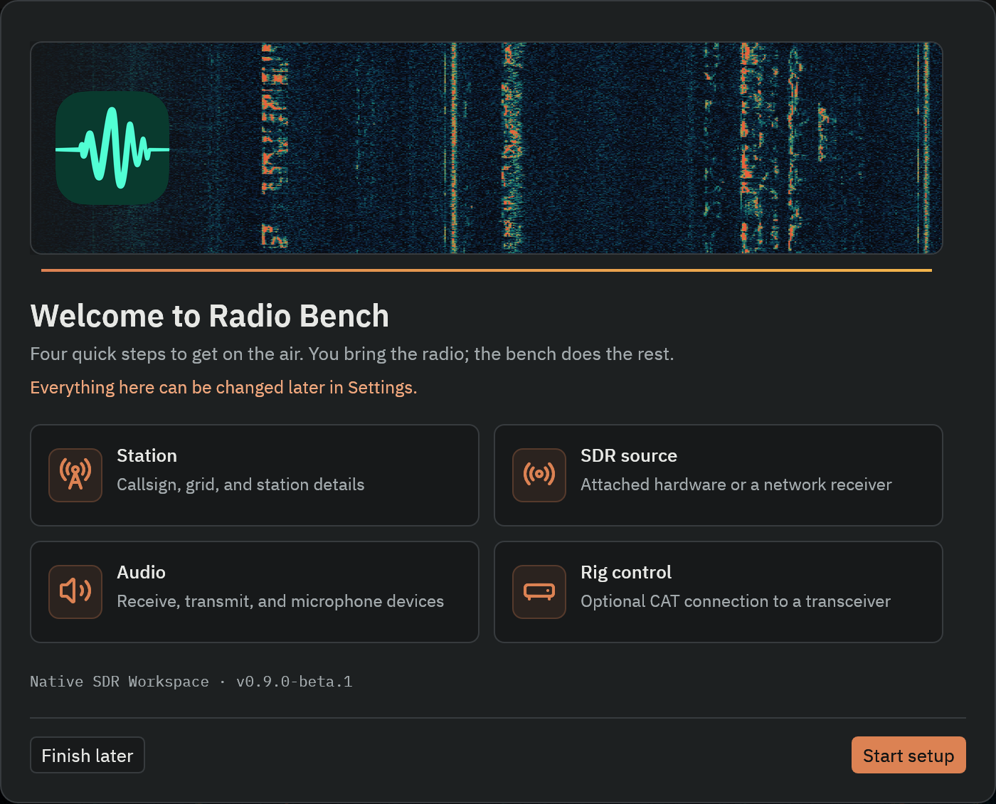 The Radio Bench setup wizard welcome page, listing the station, SDR source, audio, and rig control steps with the Finish later and Start setup actions.