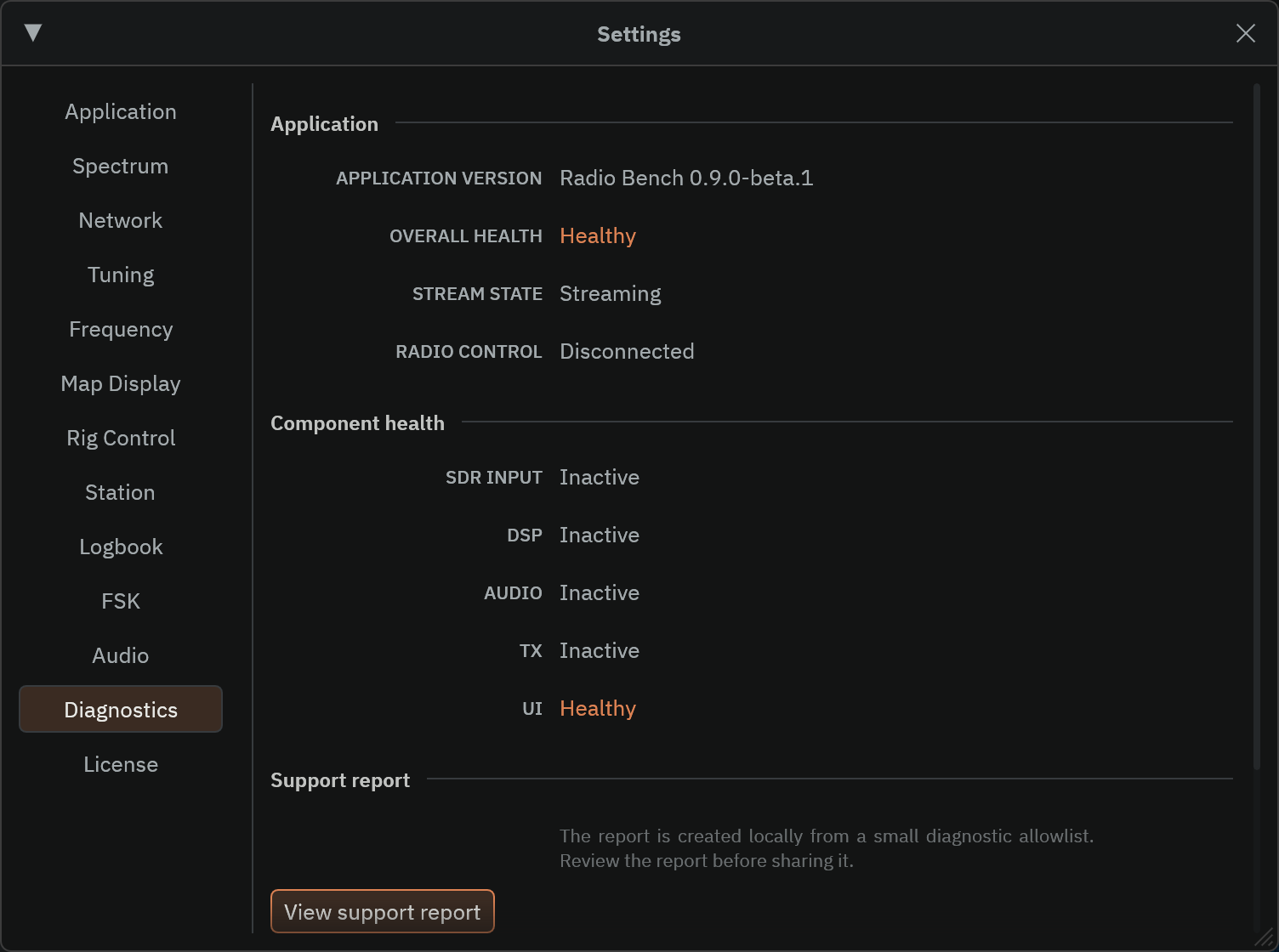 The Diagnostics page of the Radio Bench Settings window, showing application state, component health rows, and the View support report button.