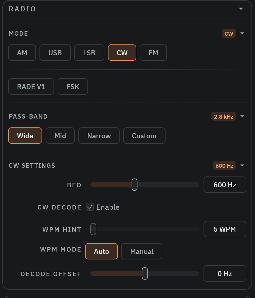 The RADIO section of the Radio Bench control column in CW mode, showing the mode chips, the pass-band presets, and the CW DECODE, WPM HINT, WPM MODE, and DECODE OFFSET controls.