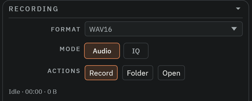 The RECORDING section of the Radio Bench control column, showing the FORMAT selector, the Audio and IQ mode chips, and the Record, Folder, and Open actions.