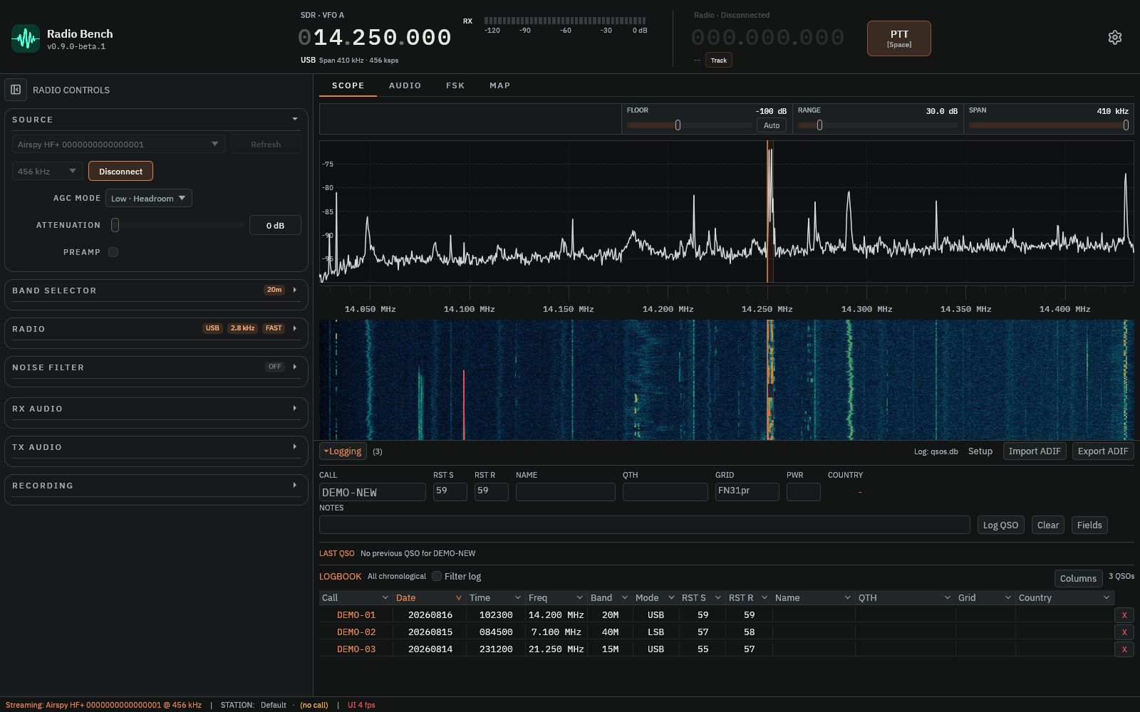 Radio Bench QSO logger with fictional contact records.