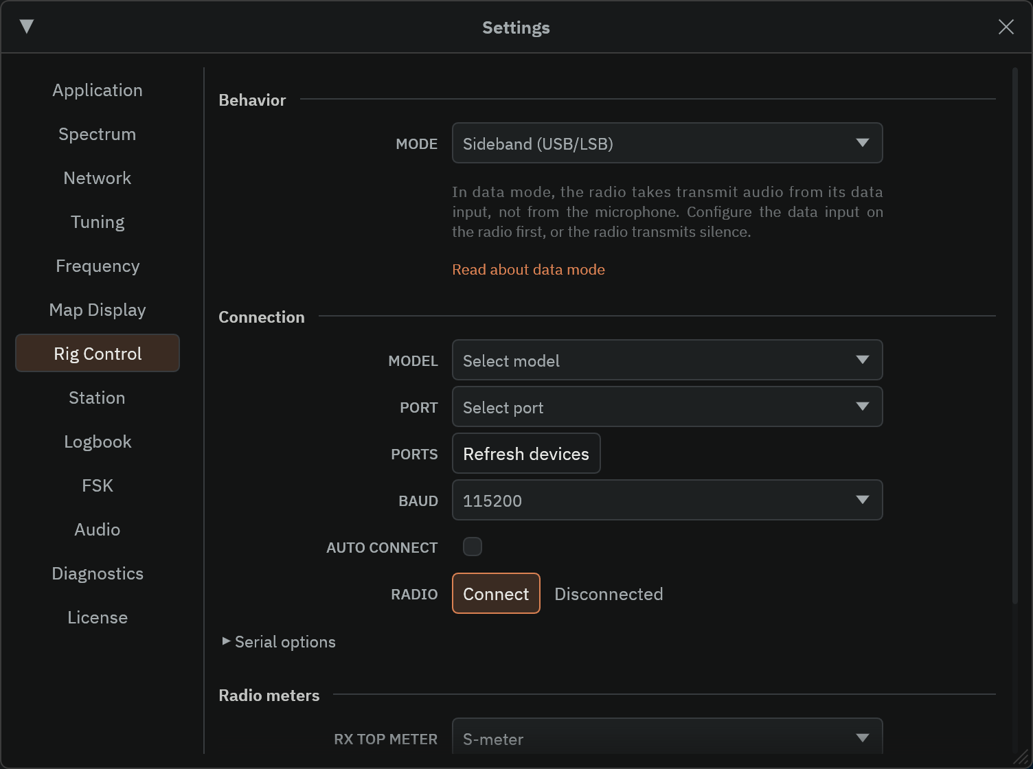 The Rig Control page of the Radio Bench Settings window, showing the Behavior section with its MODE dropdown above the Connection controls for MODEL, PORT, BAUD, and AUTO CONNECT.