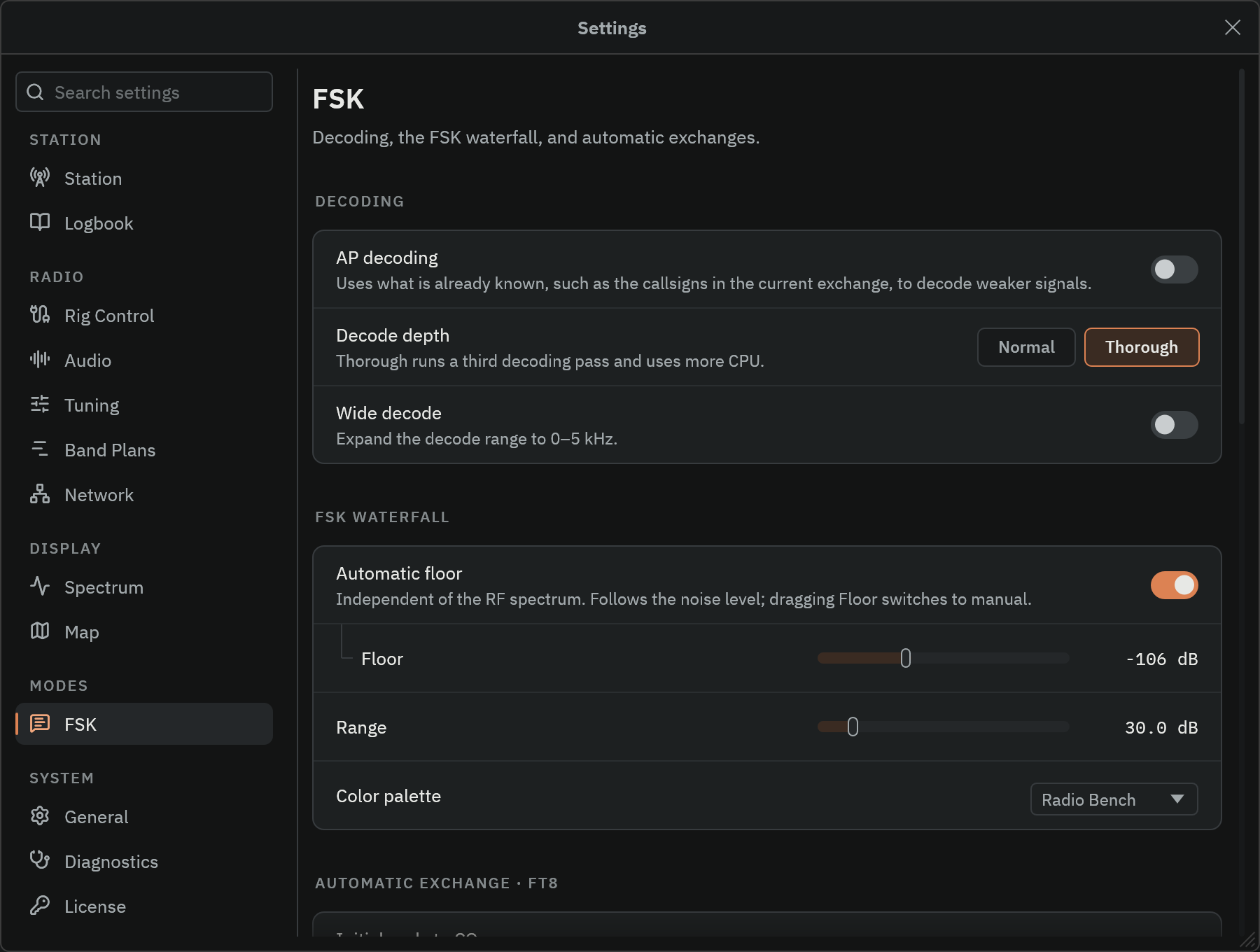 FSK settings with decoding, waterfall and automatic exchange controls.