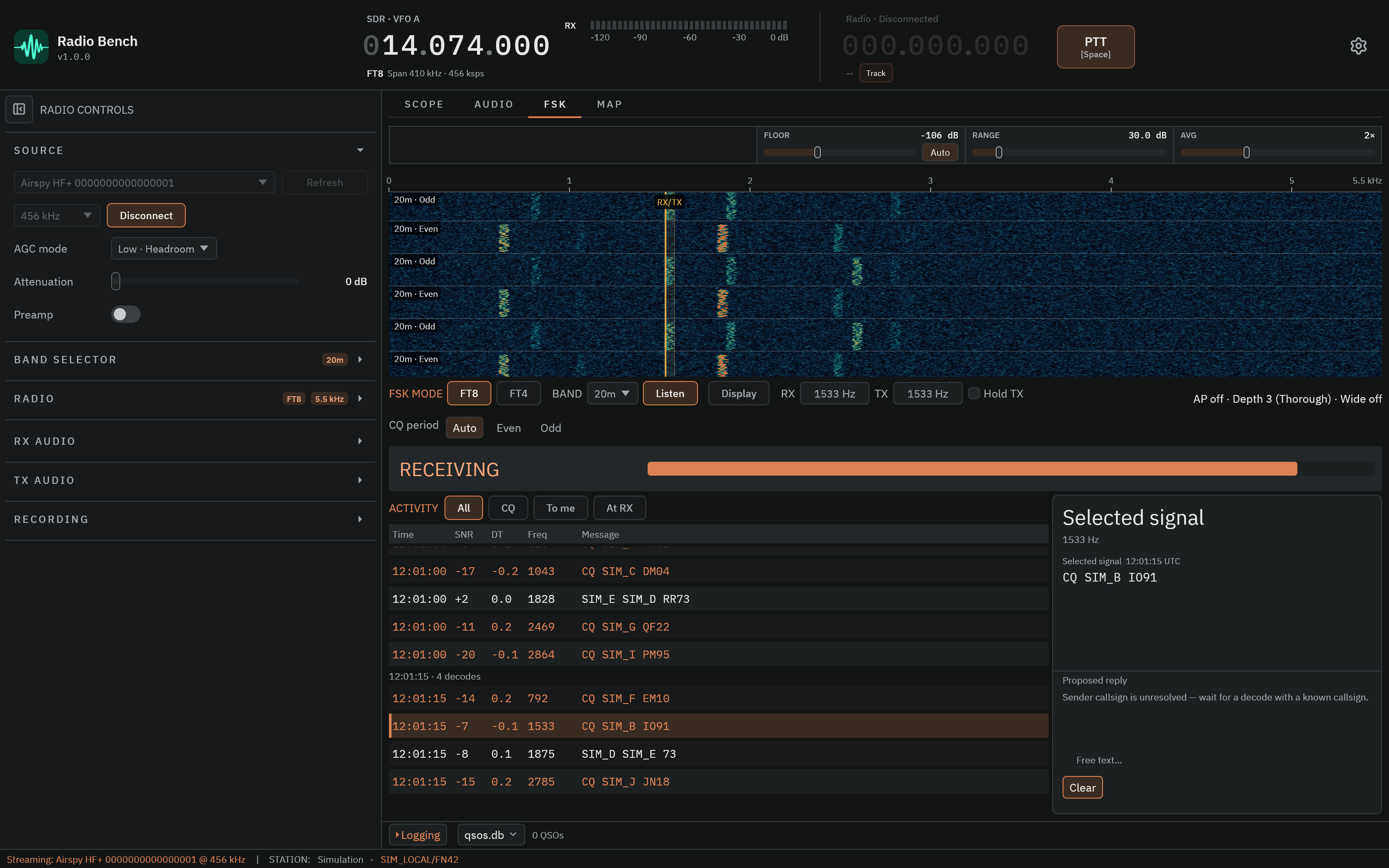 FSK workspace with simulated activity and a selected signal.