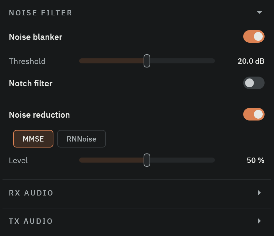 The NOISE FILTER section of the Radio Bench control column, showing the noise blanker switched on with its threshold, the notch filter switched off, and noise reduction switched on with MMSE selected and its Level at 50 percent.
