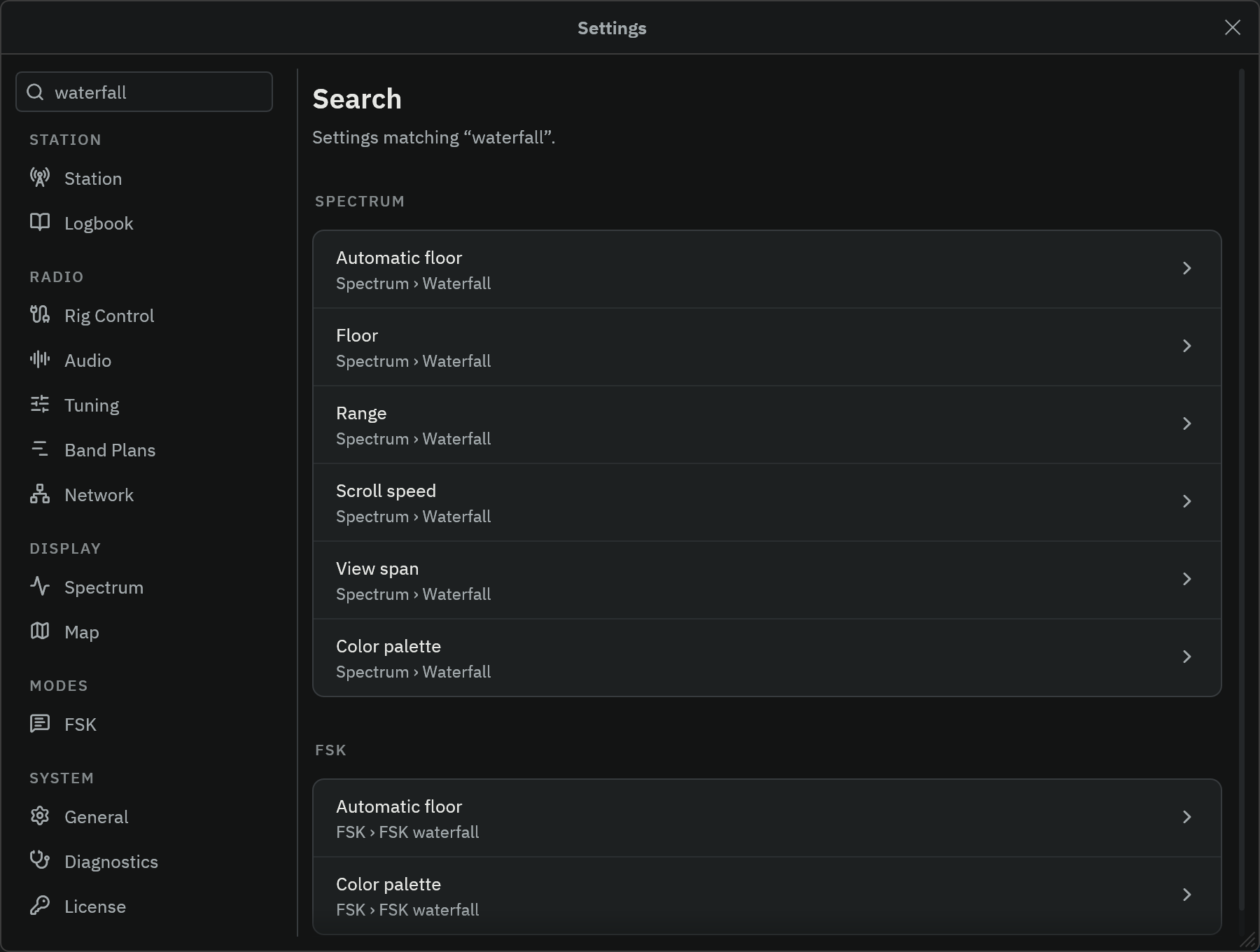 The Radio Bench Settings window with "waterfall" typed in the sidebar search field and matching settings listed from several pages.