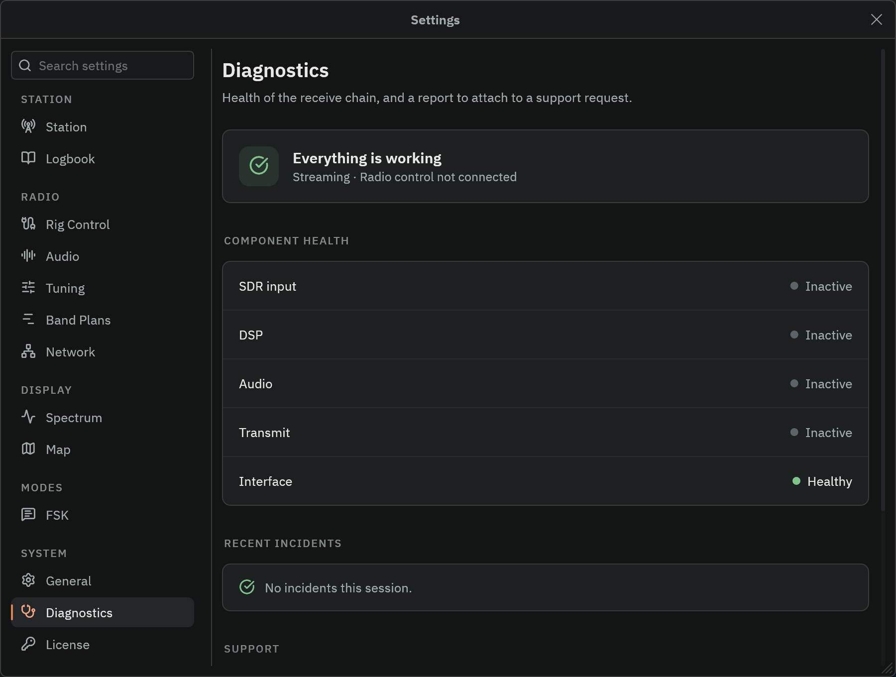 The Diagnostics page of the Radio Bench Settings window, showing application state, component health rows, and the View support report button.