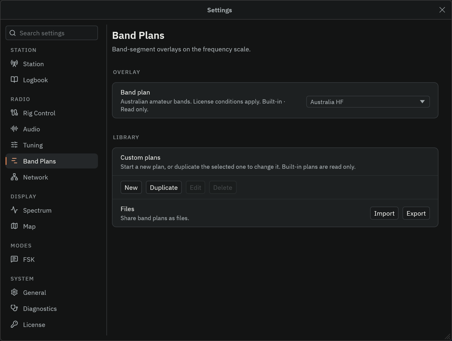 The Band Plans page of the Radio Bench Settings window, with the built-in Australia HF plan selected and the New, Duplicate, Import, and Export actions available.
