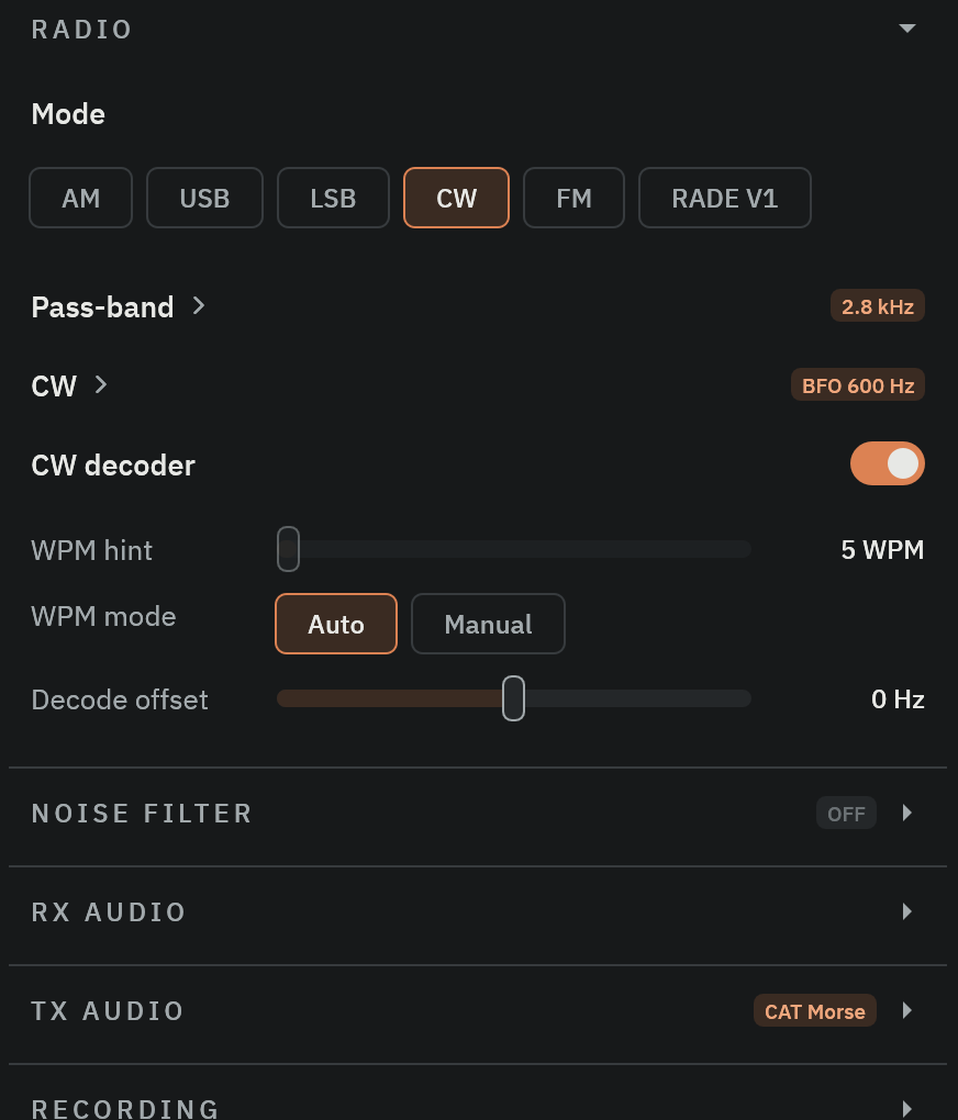 The RADIO section of the Radio Bench control column in CW mode, showing the mode chips, the folded Pass-band and CW groups, and the CW decoder switch with its WPM hint, WPM mode, and Decode offset controls.