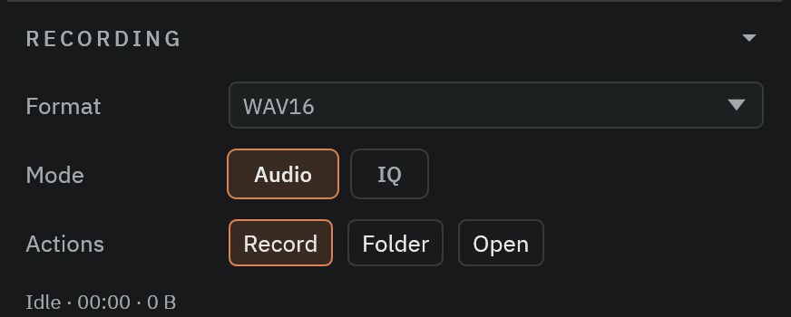 The RECORDING section of the Radio Bench control column, showing the Format selector, the Audio and IQ mode chips, and the Record, Folder, and Open actions.