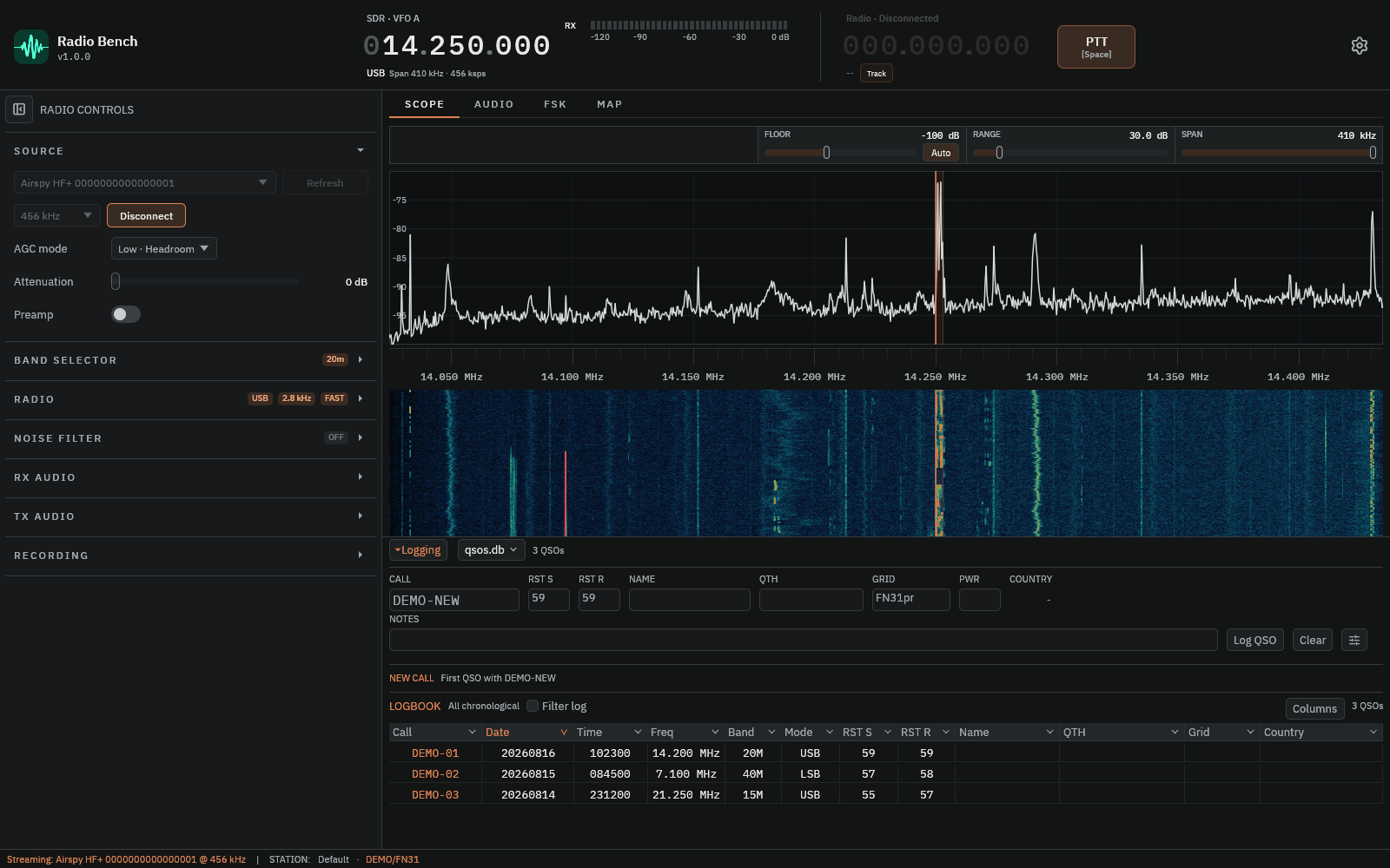 Radio Bench QSO logger with fictional contact records.